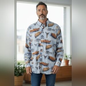 North River Men's Size Large Vtg Classic Boat Button Down Lake Design Shirt